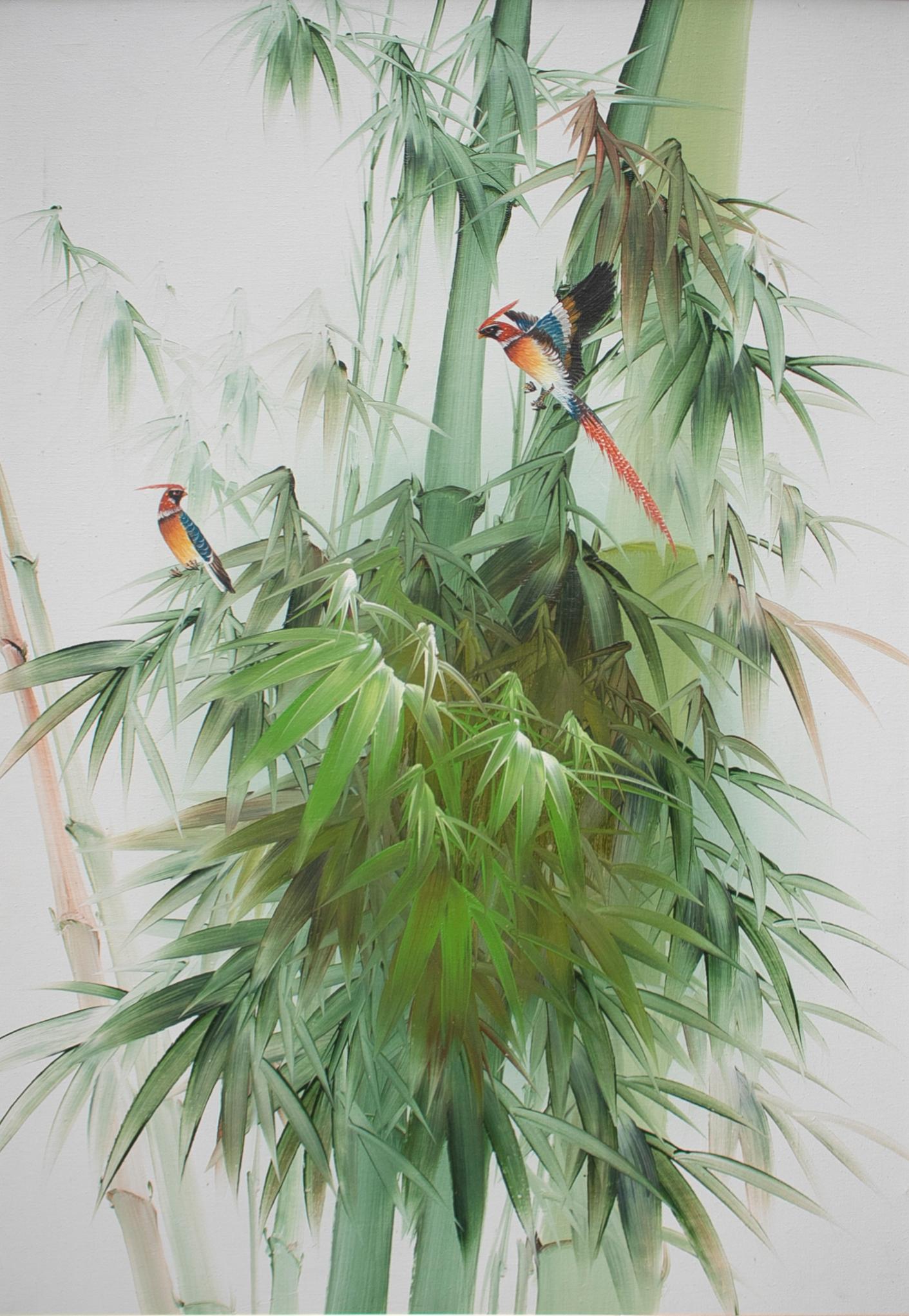 tableaux d'oiseaux espagnols des années 1980, huile sur toile avec cadre en bambou. 

Mesures du cadre : 96 x 66 x 2,5 cm.