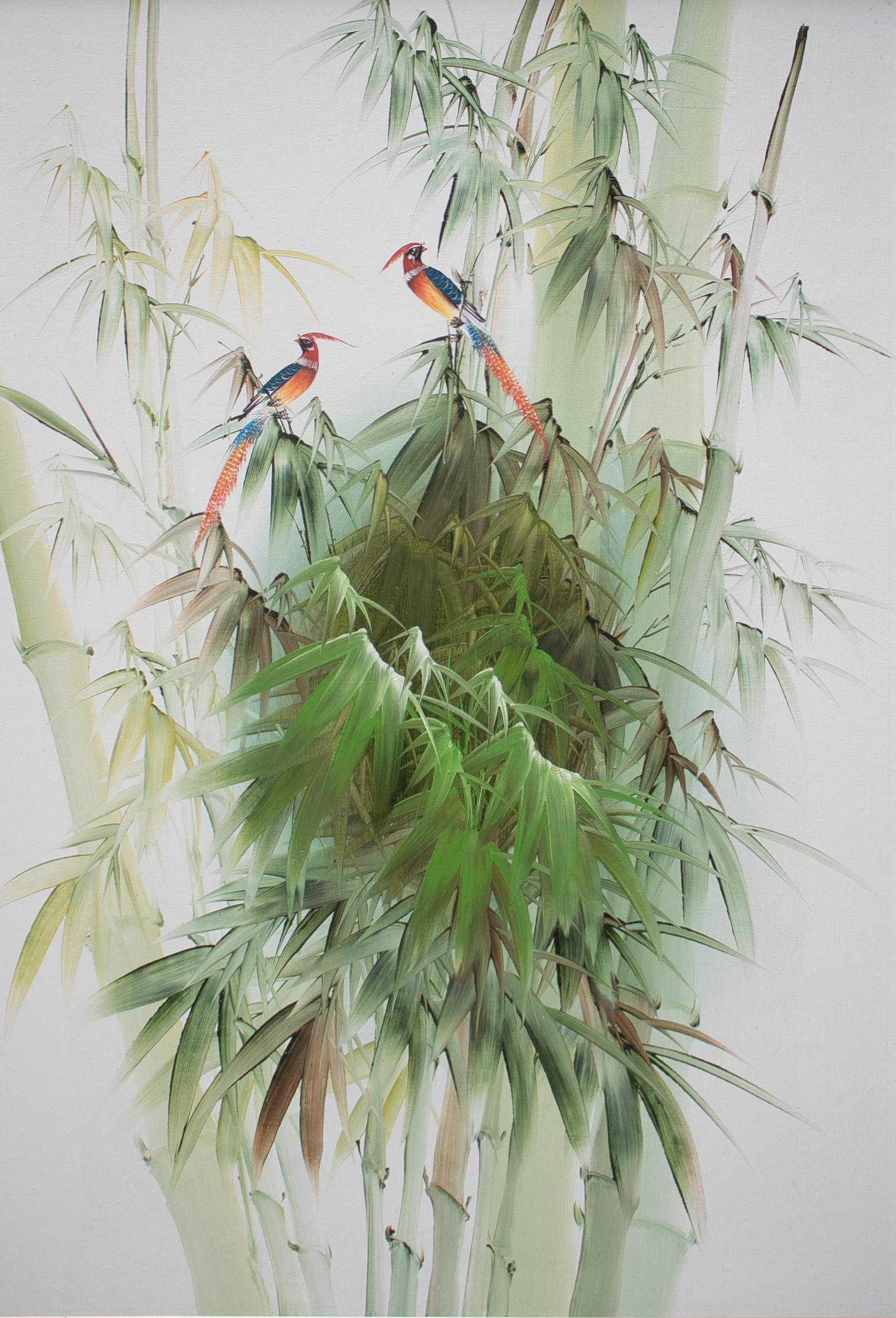 tableaux d'oiseaux espagnols des années 1980, huile sur toile avec cadre en bambou. 

Mesures du cadre : 99 x 67,5 x 2,5 cm.