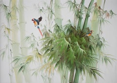 1980s Spanish Oil on Canvas Birds Painting with Bamboo Frame