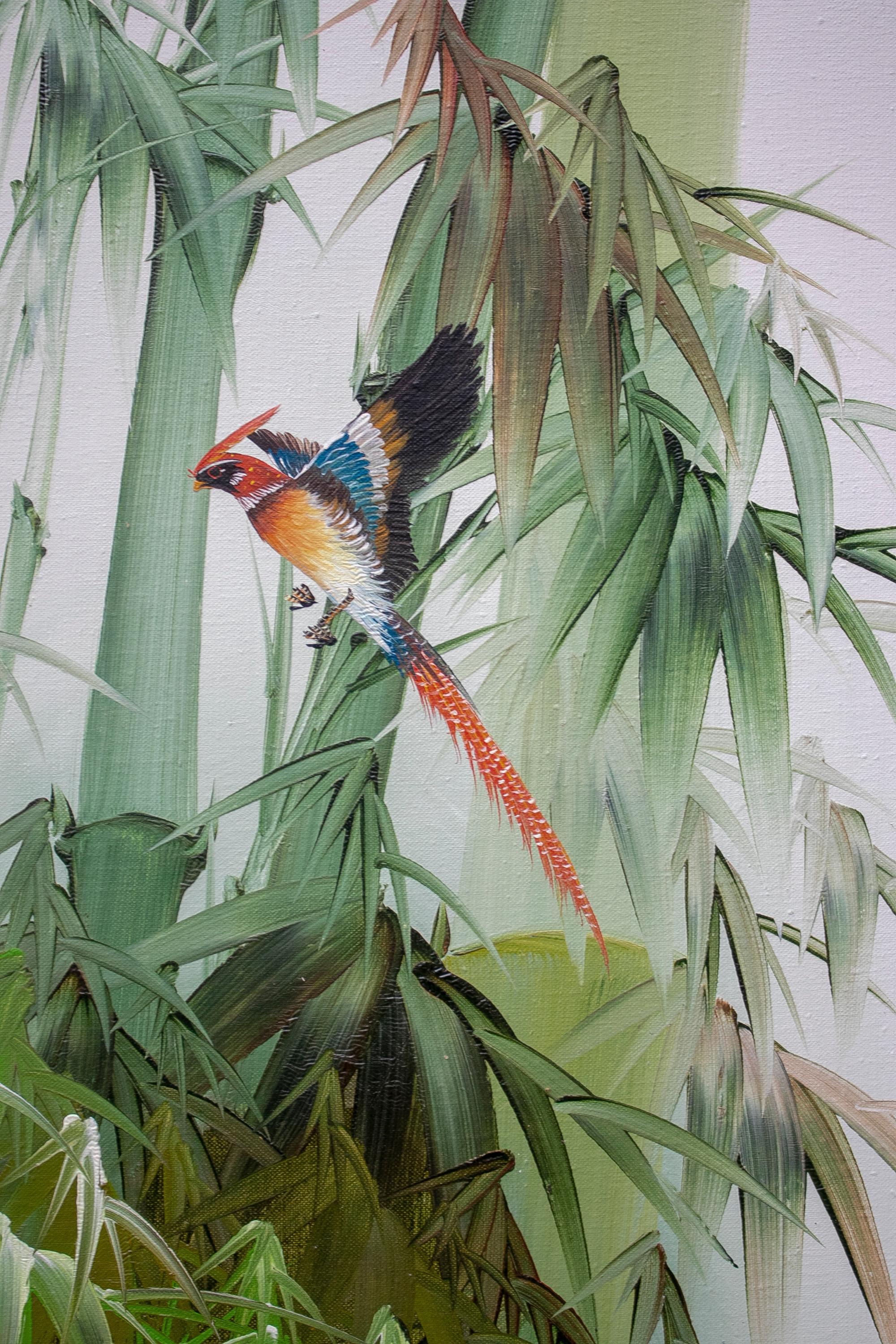 Espagnol Peinture espagnole à l'huile sur toile des années 1980 représentant des oiseaux et un cadre en bambou en vente