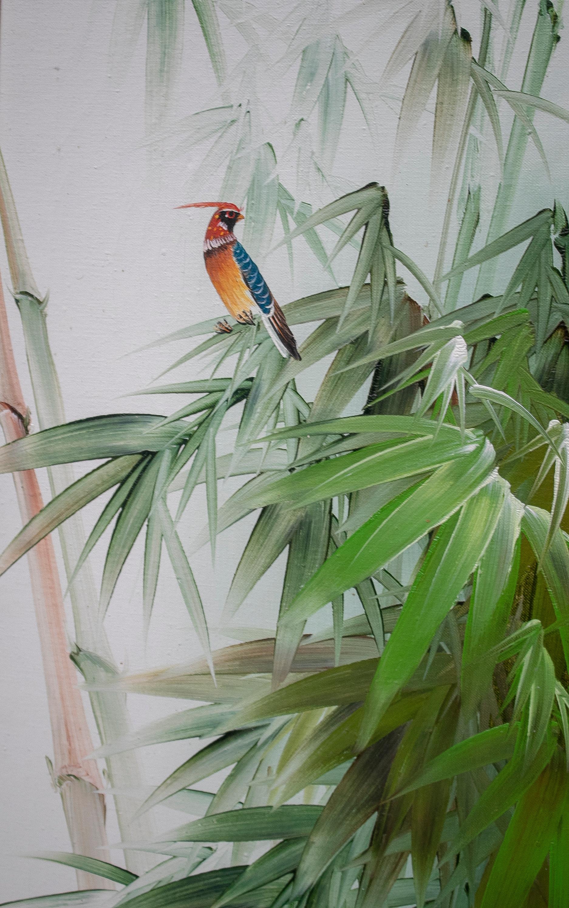 Peint à la main Peinture espagnole à l'huile sur toile des années 1980 représentant des oiseaux et un cadre en bambou en vente