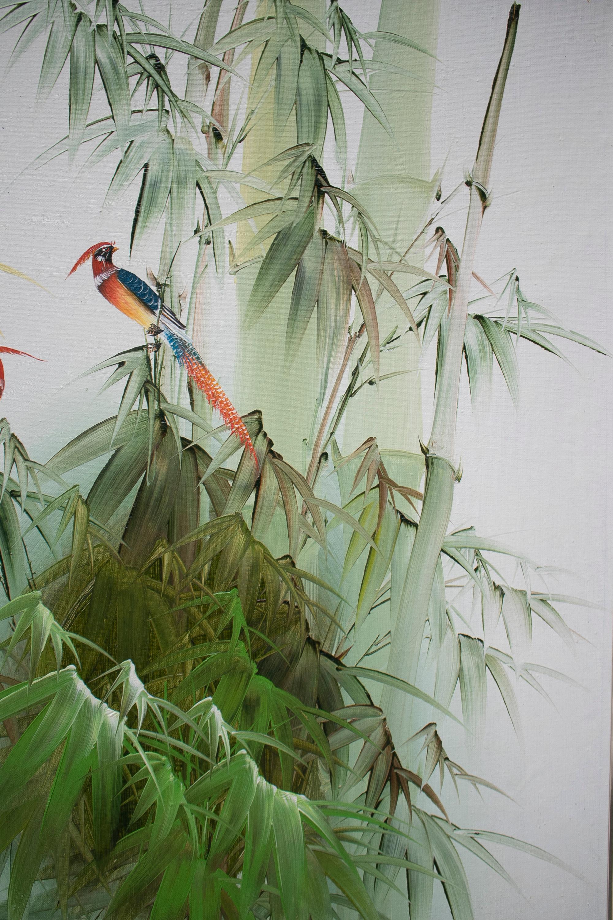 Hand-Painted 1980s Spanish Oil on Canvas Birds Painting with Bamboo Frame For Sale