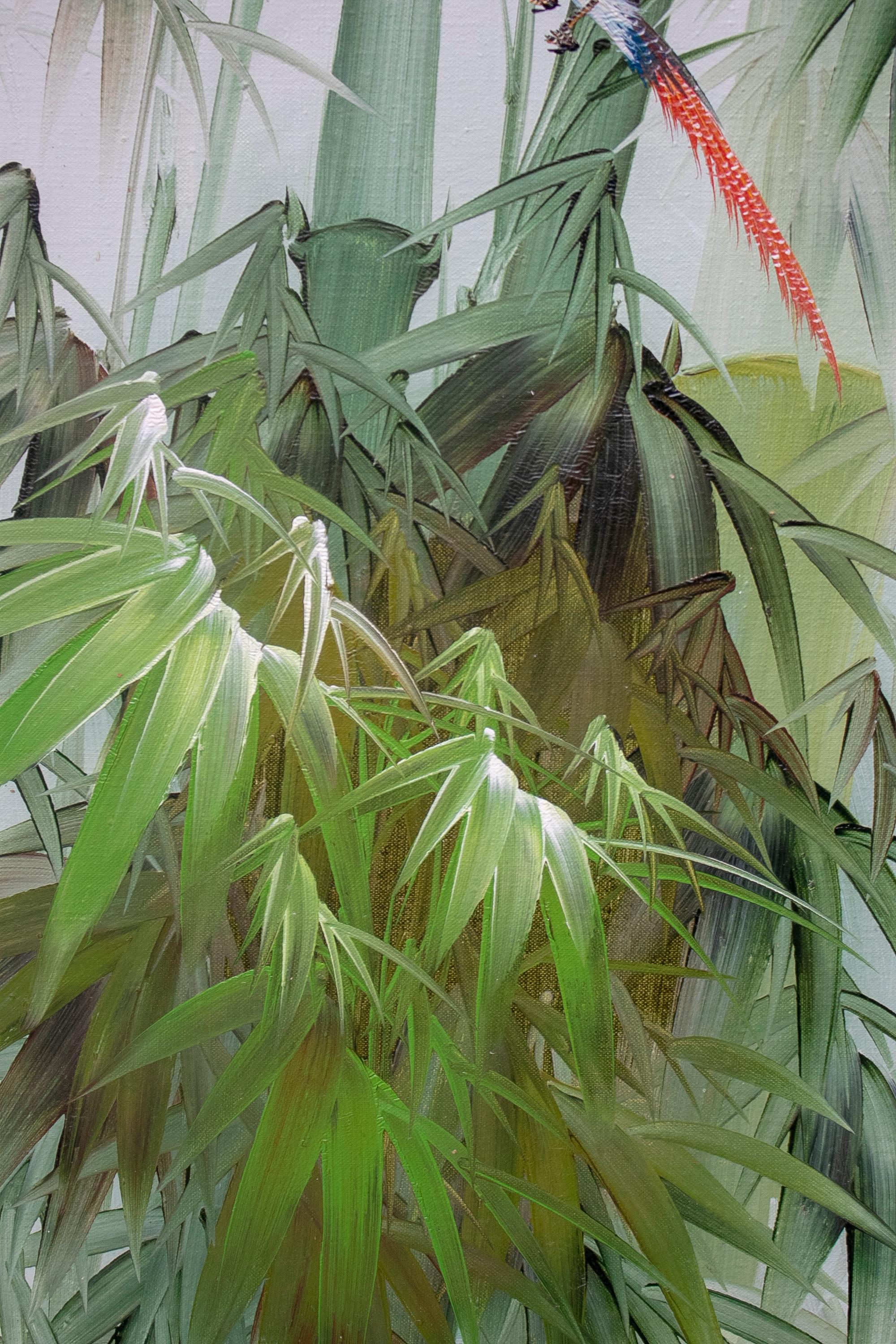 Toile Peinture espagnole à l'huile sur toile des années 1980 représentant des oiseaux et un cadre en bambou en vente