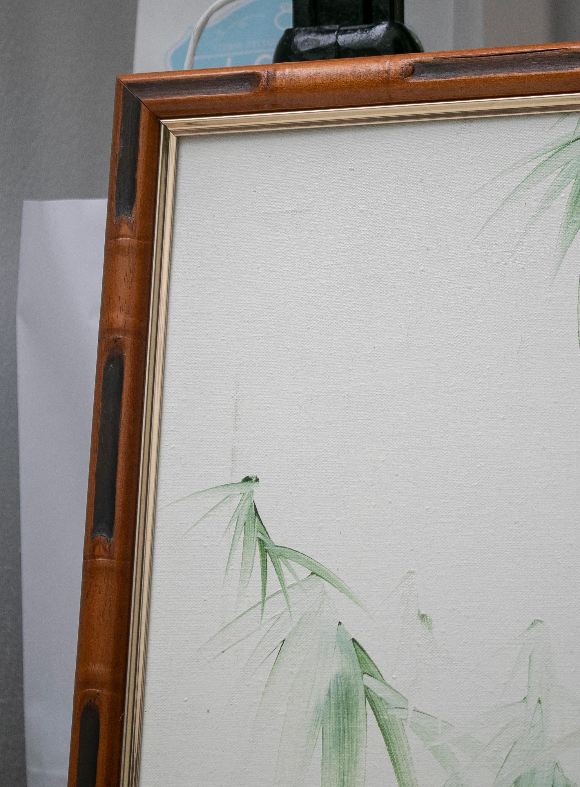 Peinture espagnole à l'huile sur toile des années 1980 représentant des oiseaux et un cadre en bambou en vente 1
