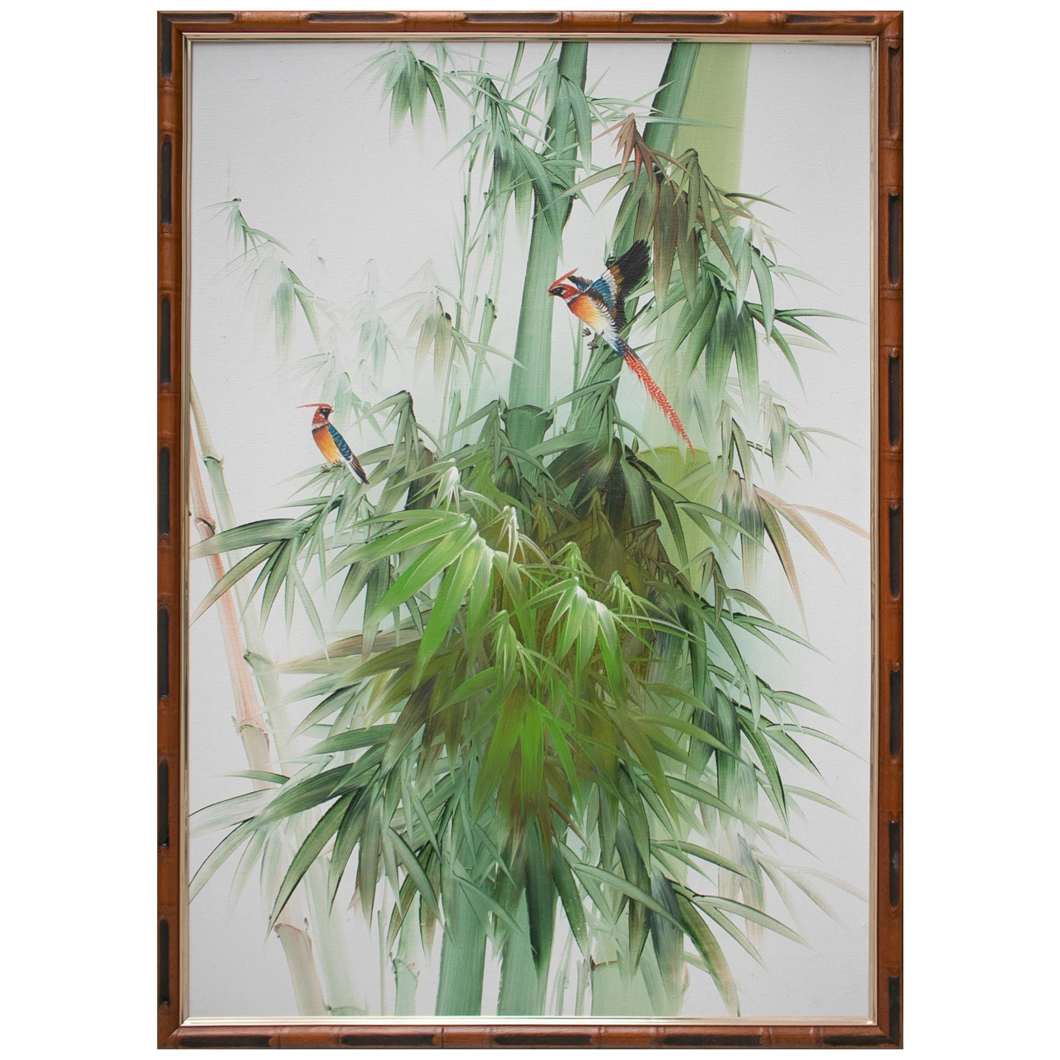 1980s Spanish Oil on Canvas Birds Painting with Bamboo Frame