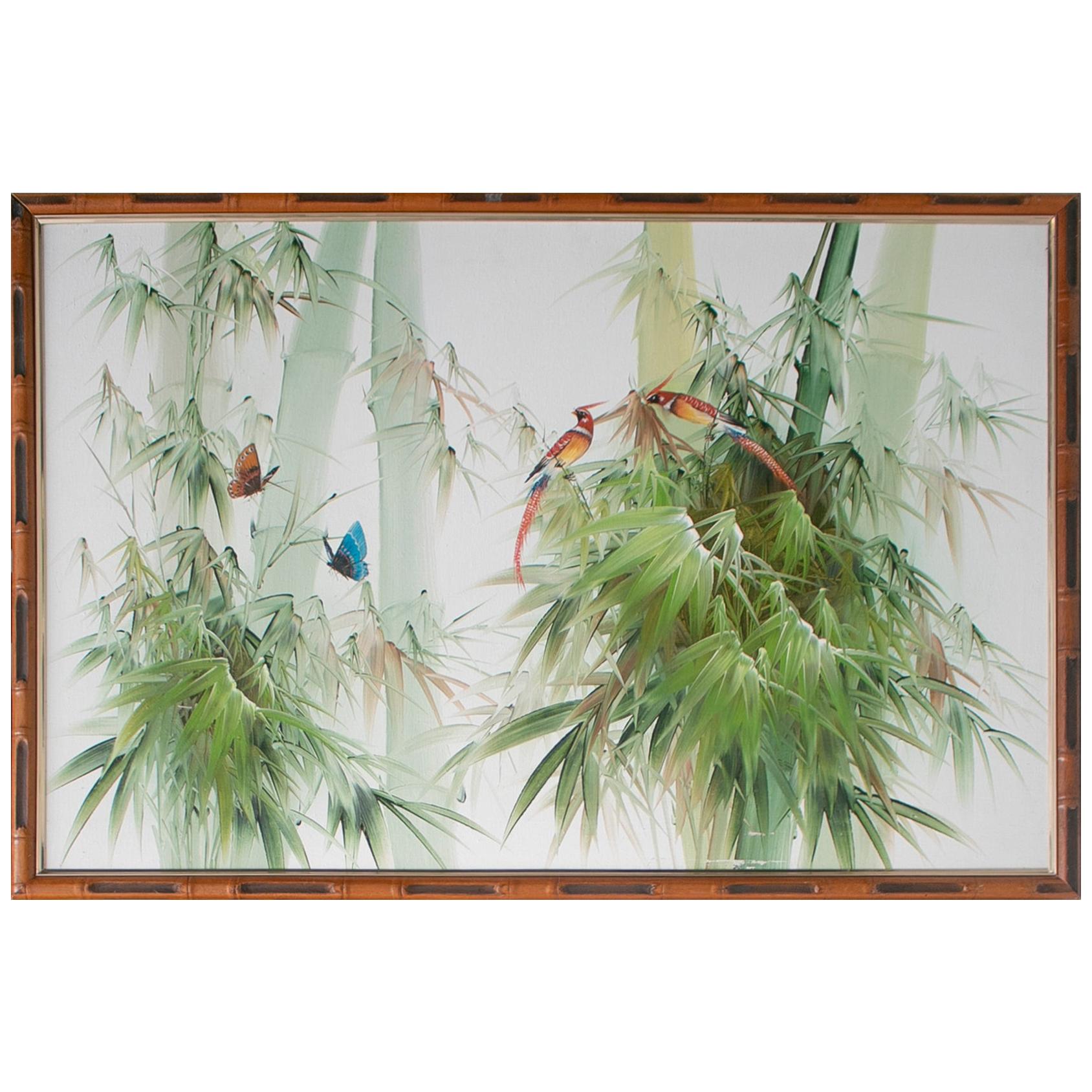 Pittura spagnola anni '80 a olio su tela con uccelli e cornice in bambù