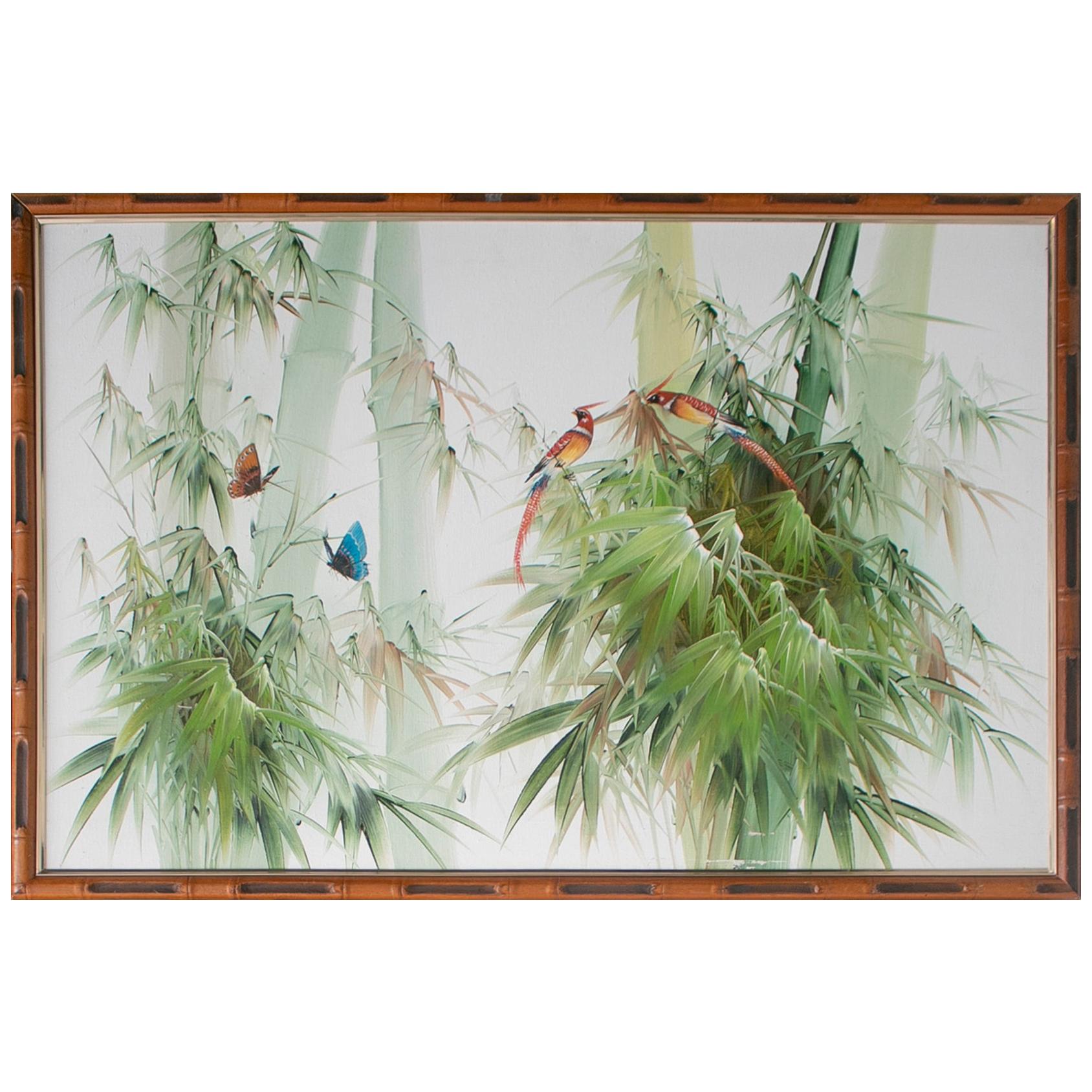 1980s Spanish Oil on Canvas Birds Painting with Bamboo Frame For Sale