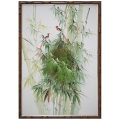 1980s Spanish Oil on Canvas Birds Painting with Bamboo Frame