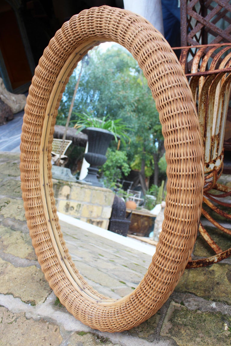 1980s Spanish Oval Wicker Frame Mirror For Sale at 1stdibs