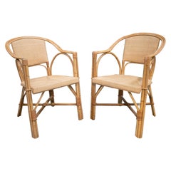 1980s Spanish Pair of Bamboo and Rattan Armchairs