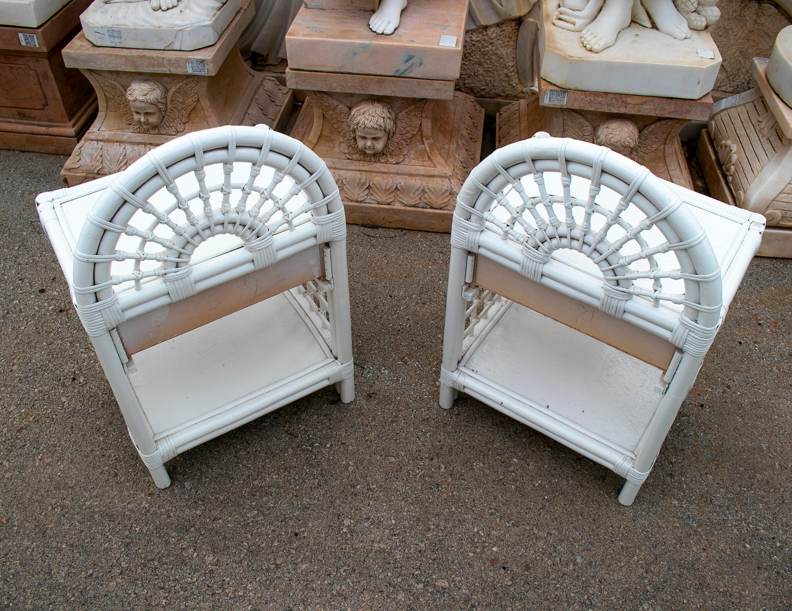 1980s Spanish Pair of Bamboo and Wicker White Bedside Tables 5