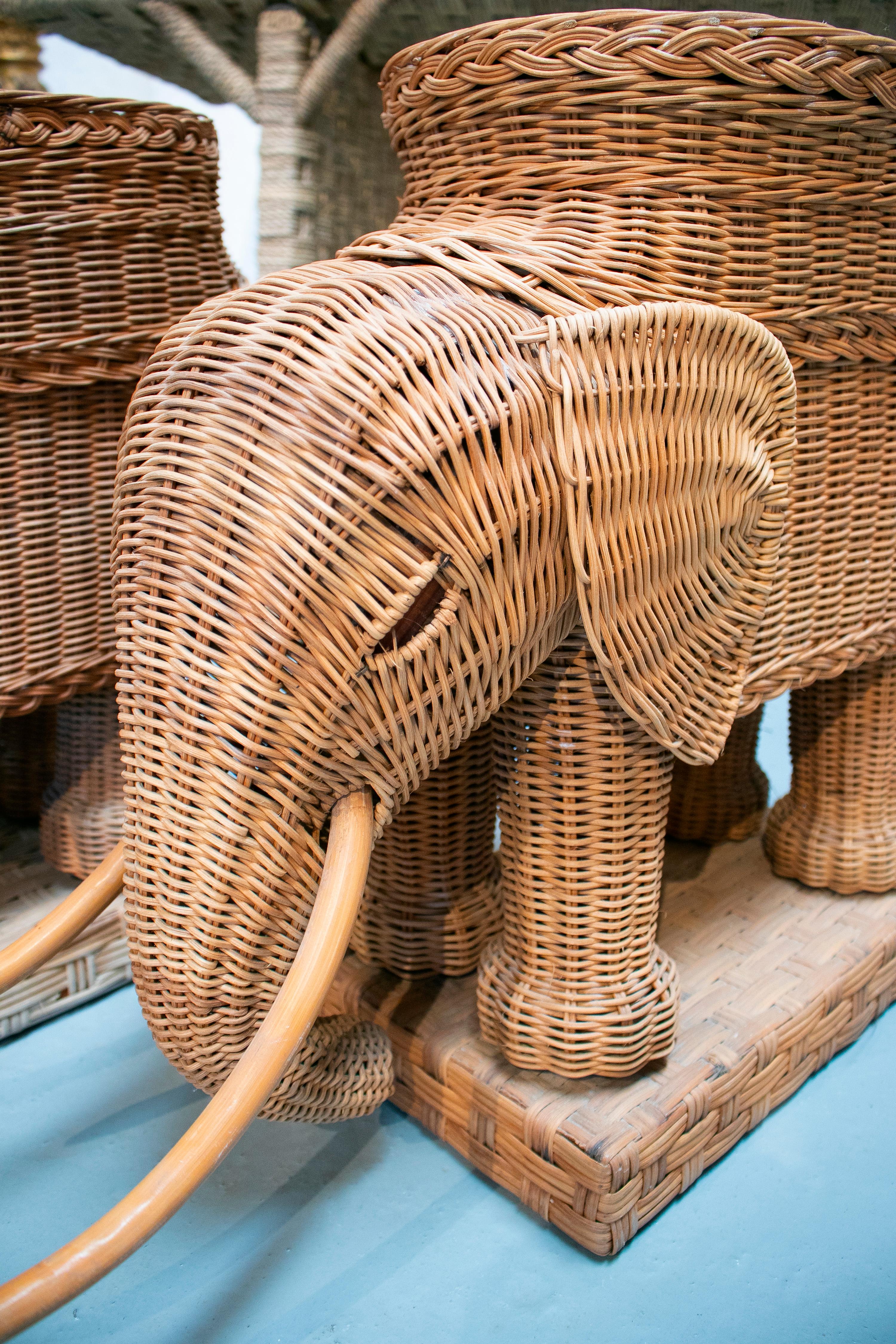 1980s Spanish Pair of Elephant Weaved Rattan Side Tables 5