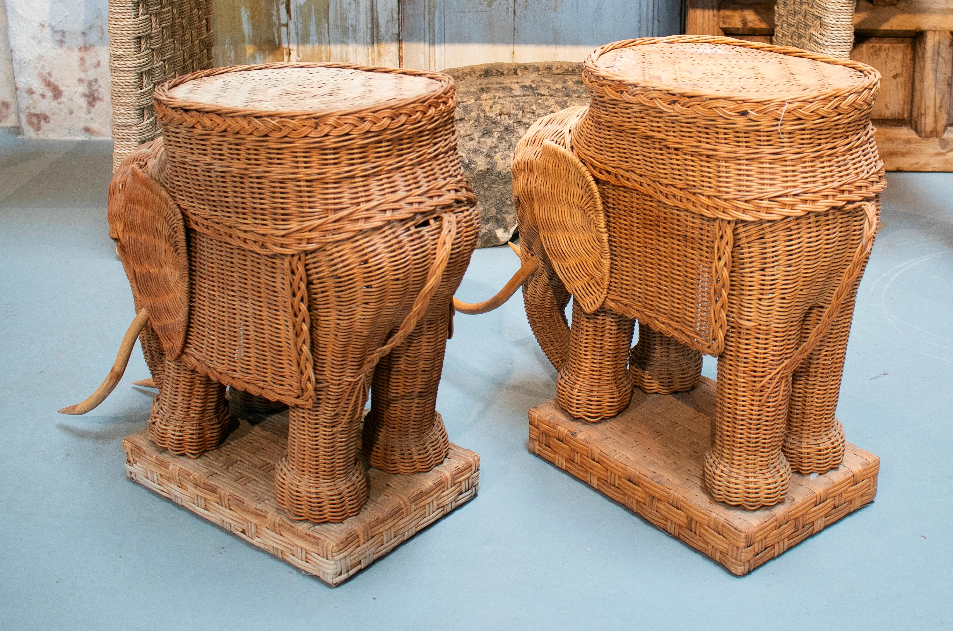 Wicker 1980s Spanish Pair of Elephant Weaved Rattan Side Tables