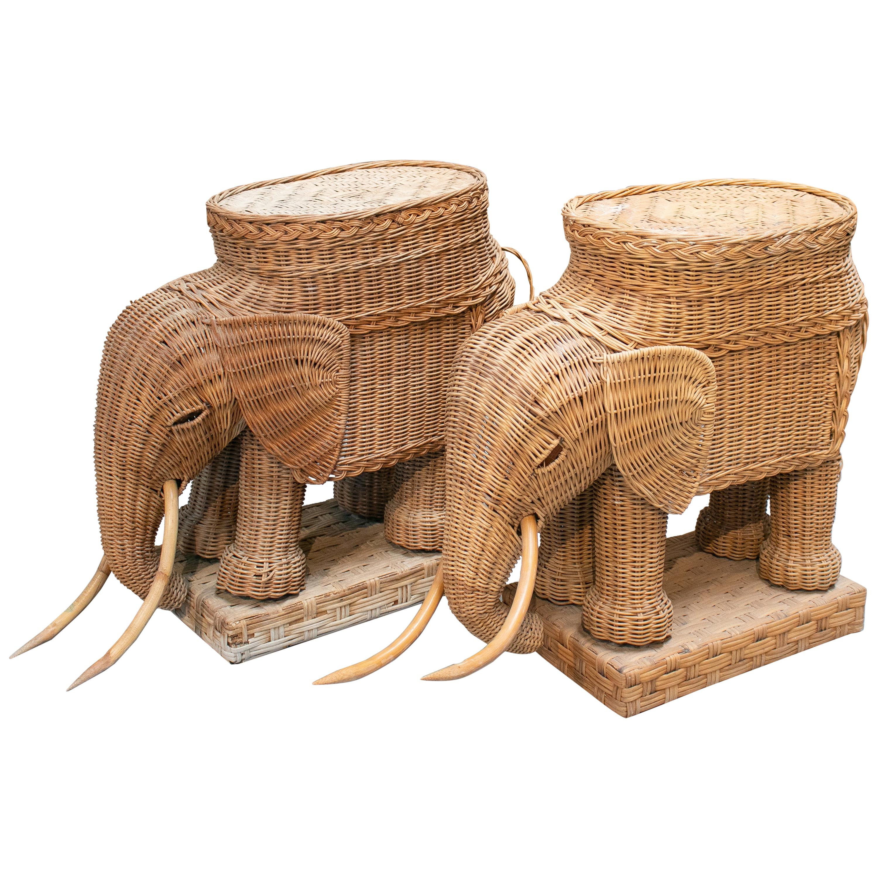 1980s Spanish Pair of Elephant Weaved Rattan Side Tables