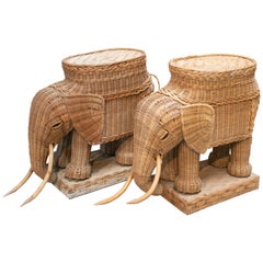 1980s Spanish Pair of Elephant Weaved Rattan Side Tables