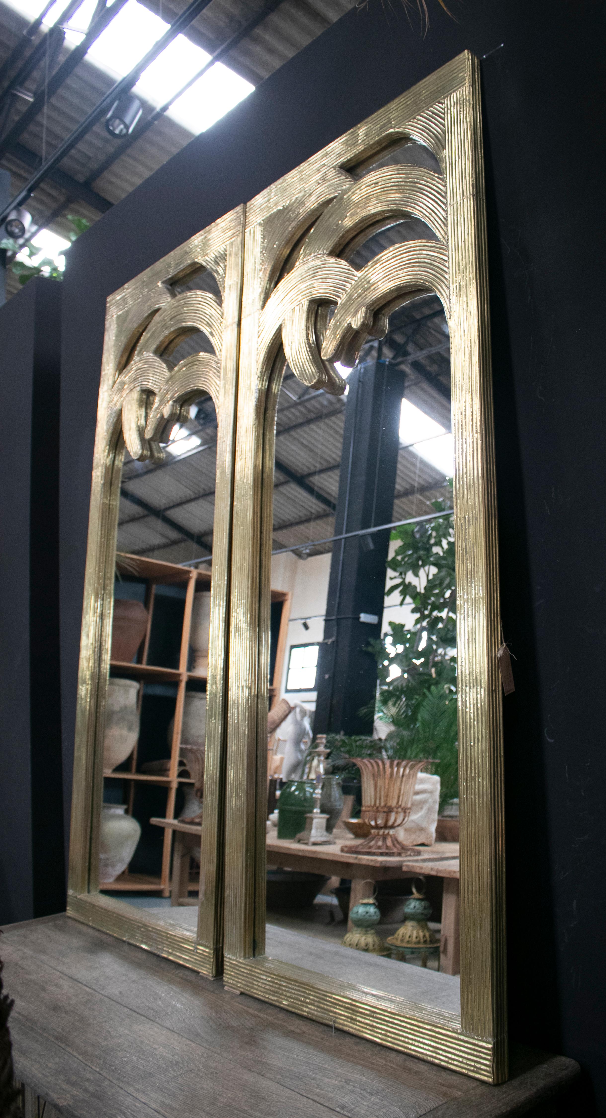 French 1980s Spanish Pair of Palm Shaped Bronze-Plated Wooden Mirrors