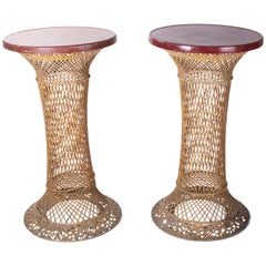 1980s Spanish Pair of Tall Woven Wicker Tables with Red Top