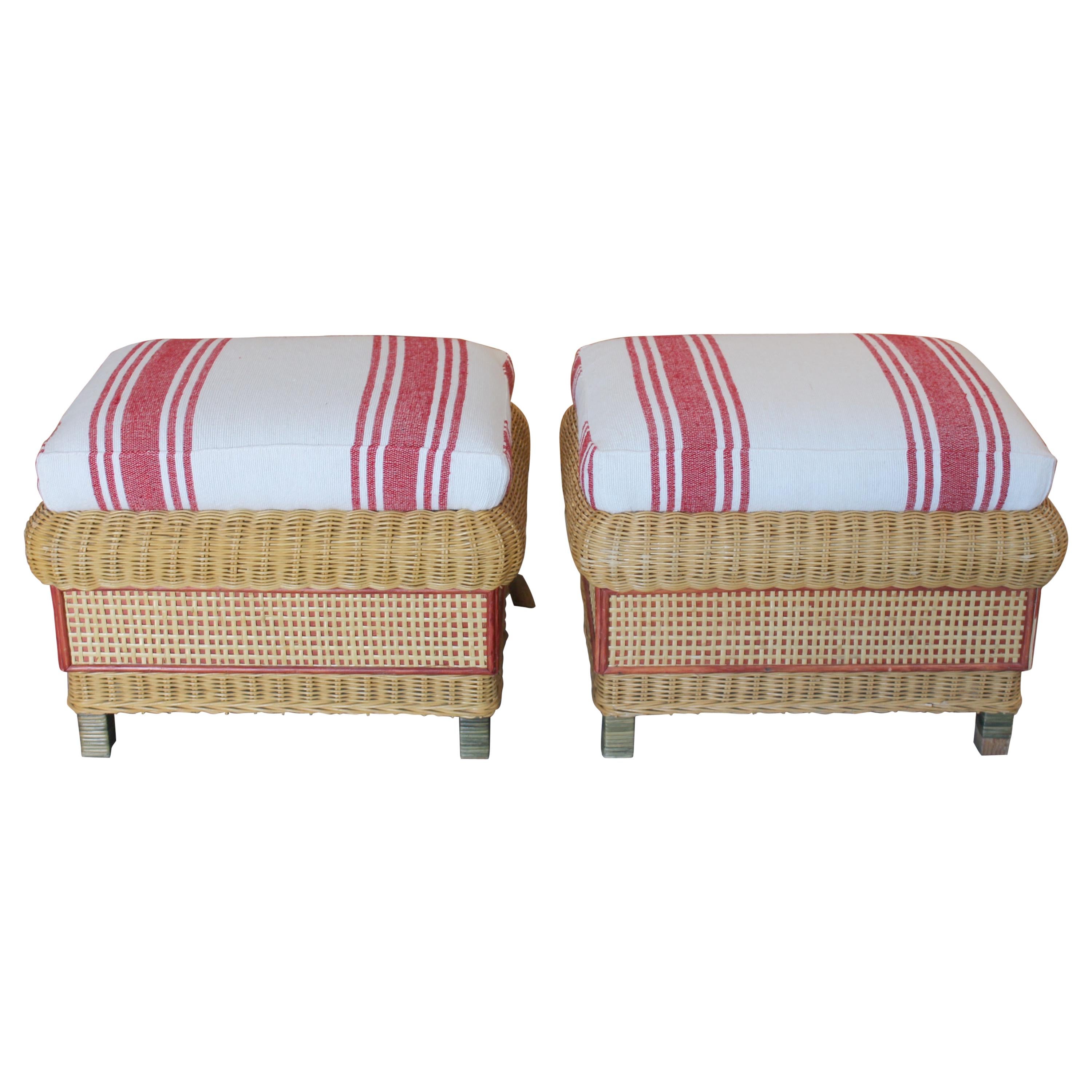 1980s Spanish Pair of Upholstered Wicker Puffs