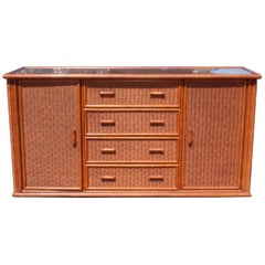 Retro 1980s Spanish Rattan and Wooden Console