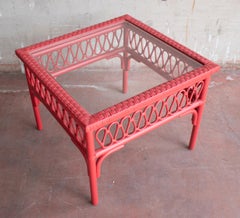 1980s Spanish Red Lacquered Lace Wicker Square Side Table with Glass Top