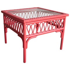 1980s Spanish Red Lacquered Lace Wicker Square Side Table with Glass Top