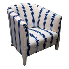 1980s Spanish Reupholstered Blue 
White Fabric Sofa Chair