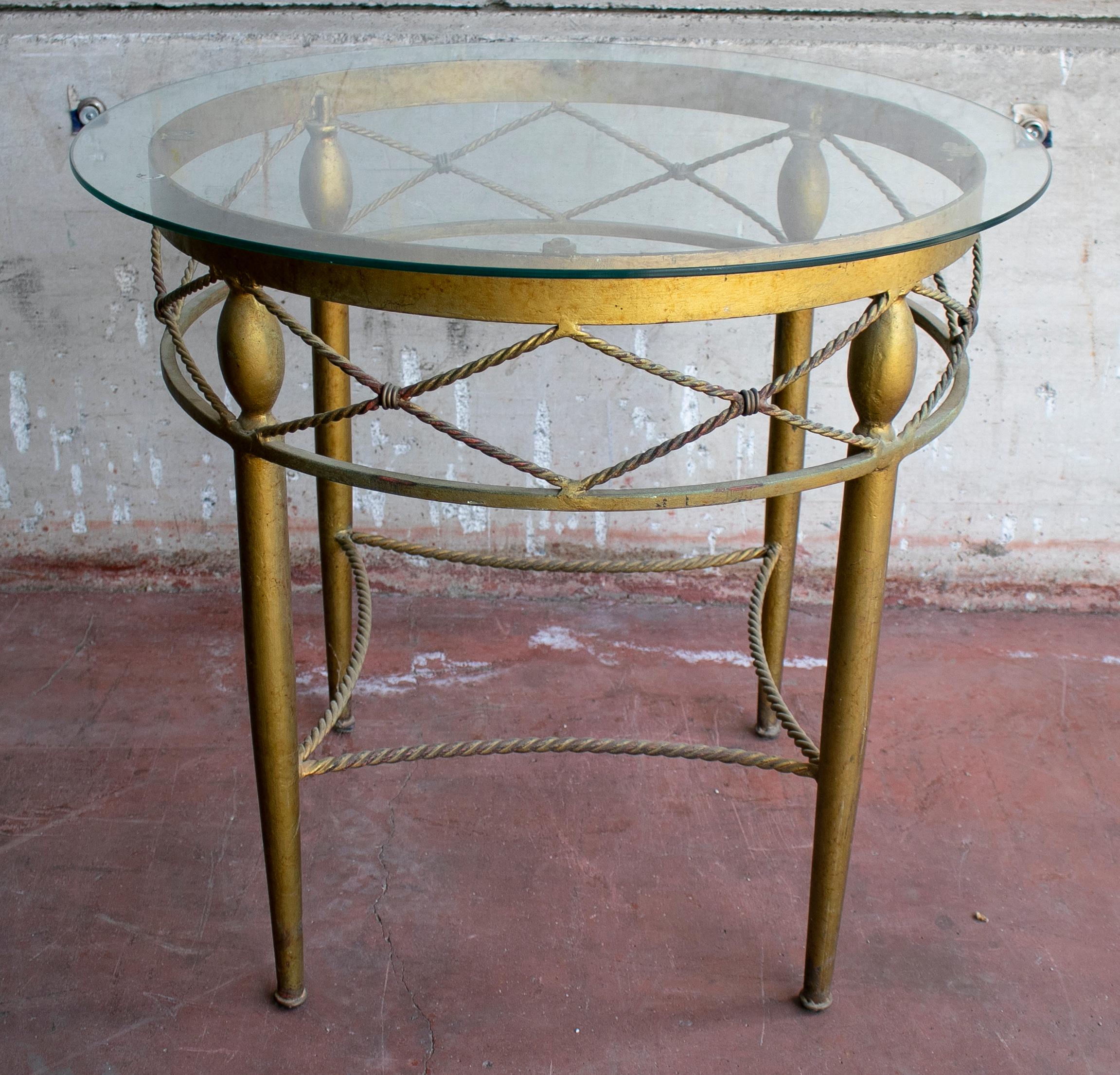 20th Century 1980s Spanish Round Crystal Top Iron Side Table For Sale