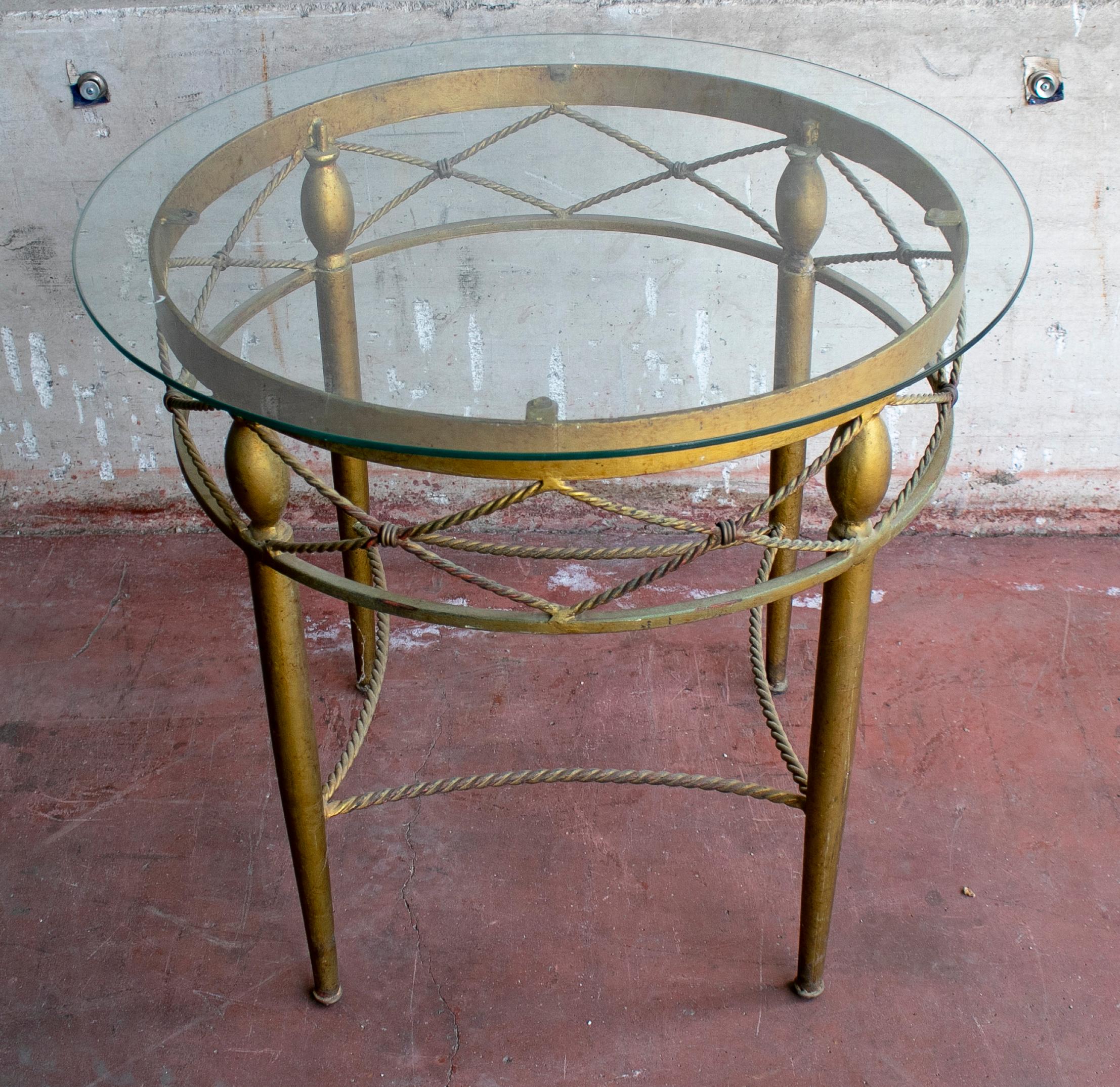 Glass 1980s Spanish Round Crystal Top Iron Side Table For Sale