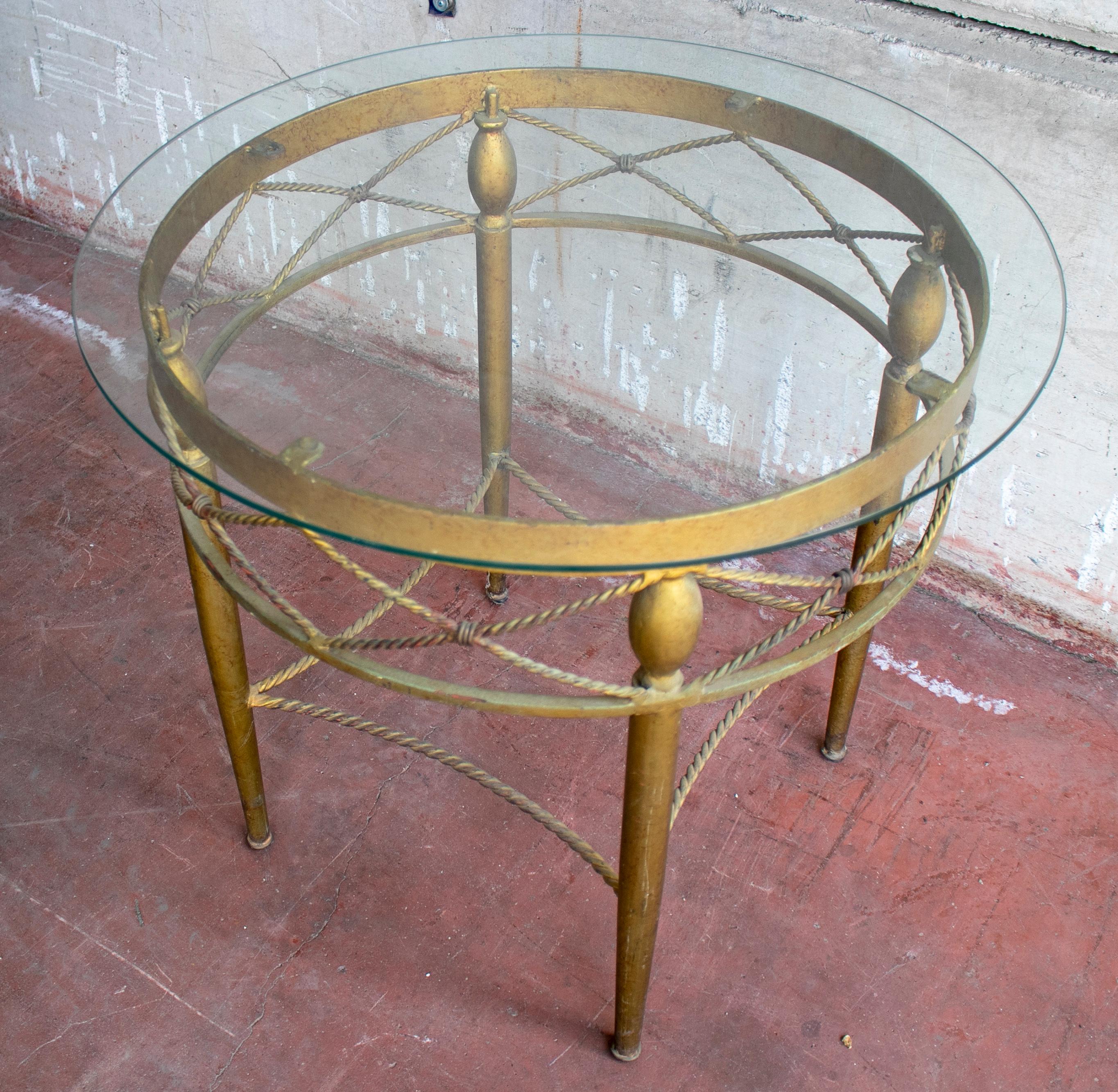 1980s Spanish Round Crystal Top Iron Side Table For Sale 1