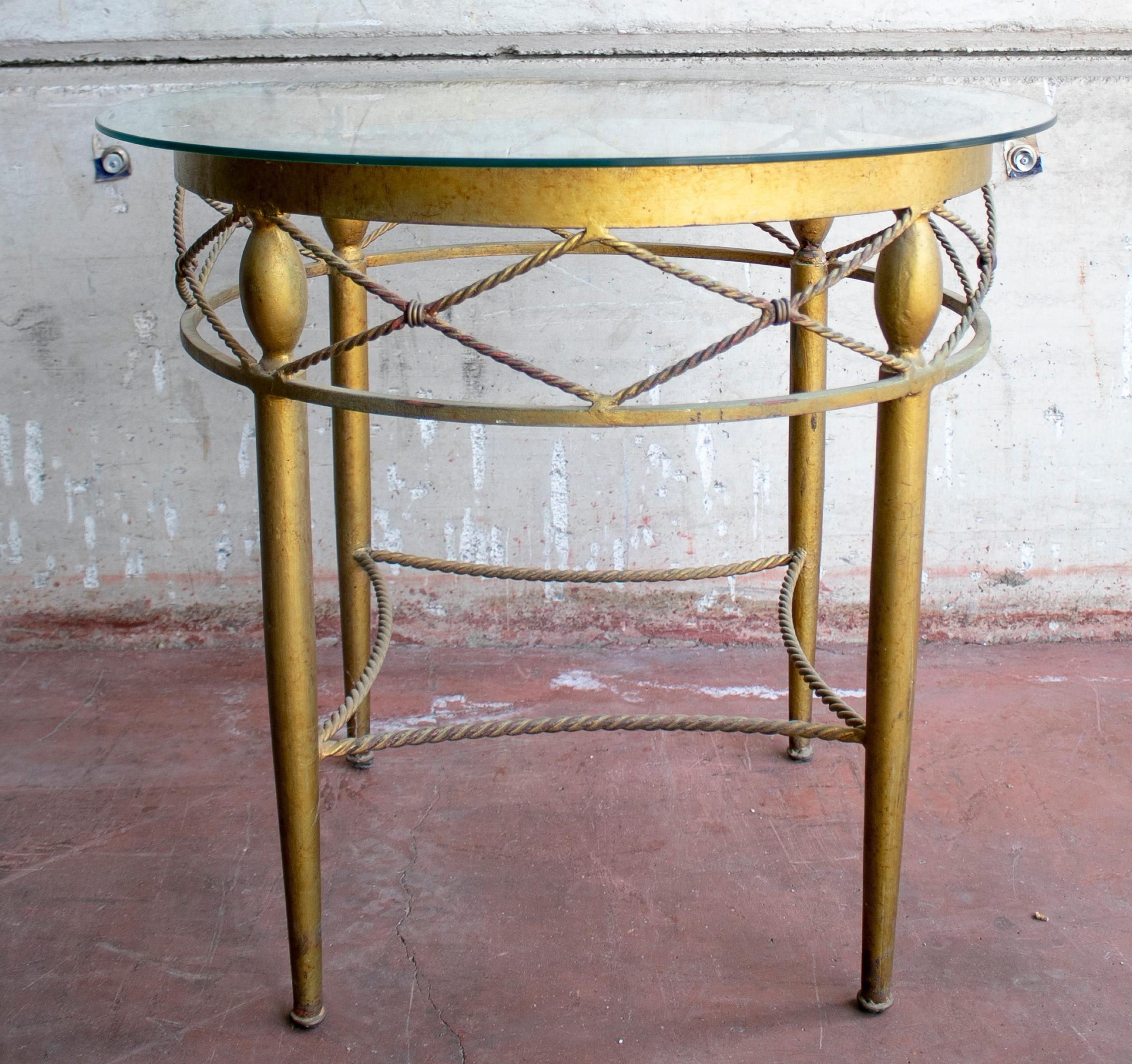 1980s Spanish Round Crystal Top Iron Side Table For Sale 2