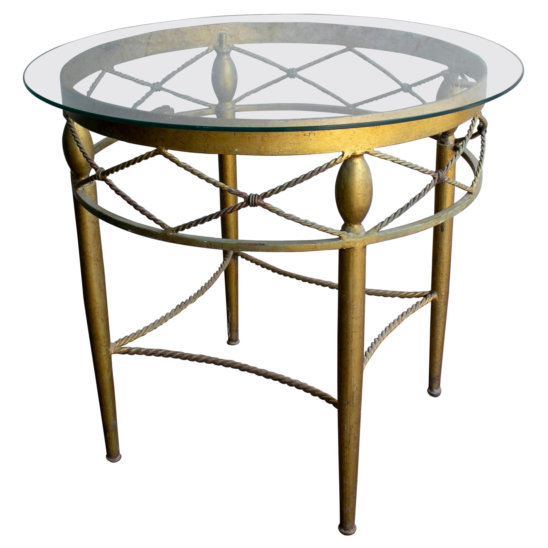 1980s Spanish Round Crystal Top Iron Side Table For Sale