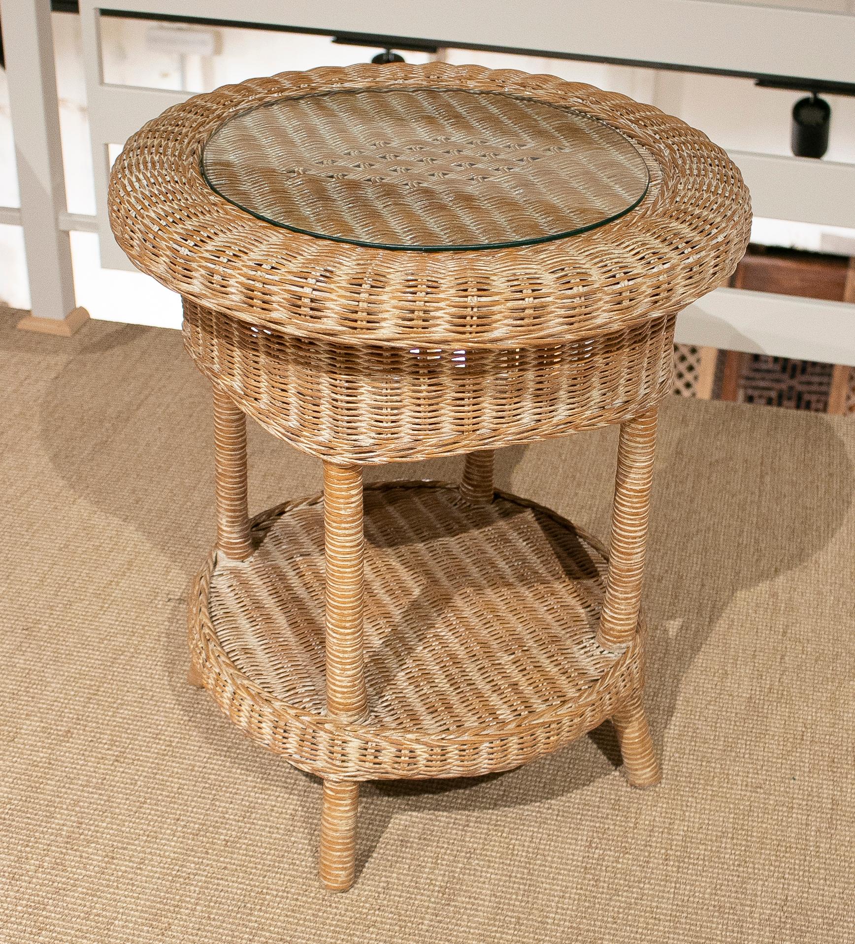 vintage wicker side table with glass top