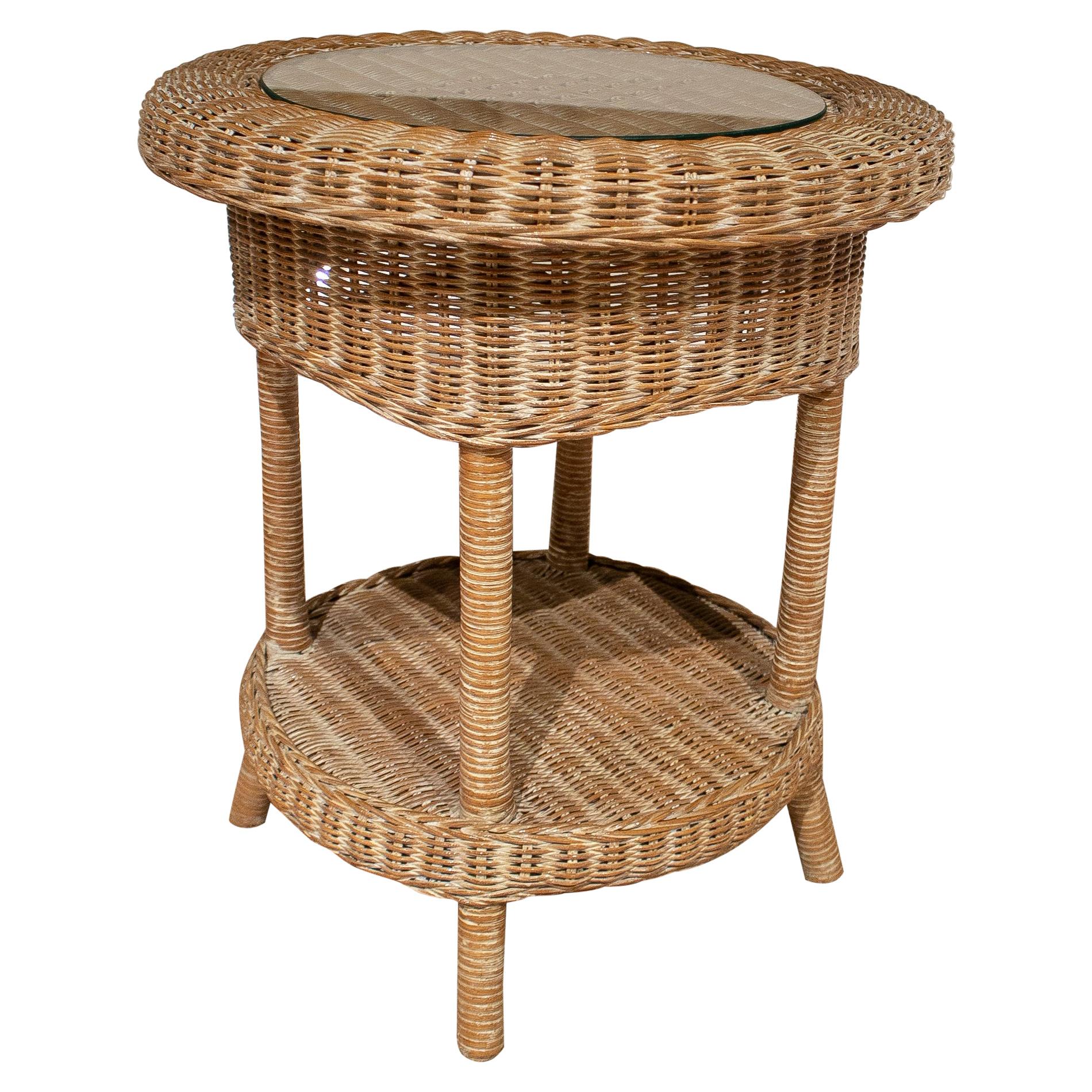 1980s Spanish Round Hand Woven Wicker Side Table w/ Glass Top