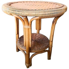 1980s Spanish Round Wicker and Wood Side Table