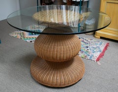 1980s Spanish Round Wicker Table with Glass Top