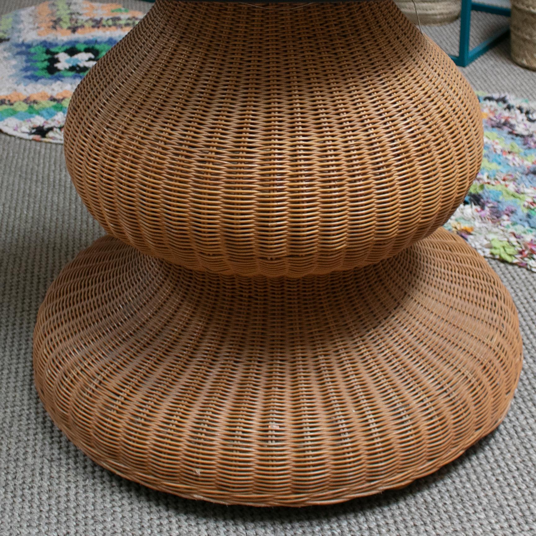 1980s Spanish Round Wicker Table with Glass Top 2