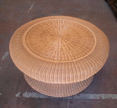 1980s Spanish Round Woven Wicker Coffee Table