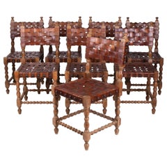 1980s Spanish Set of Eight Interlaced Leather Wooden Chairs