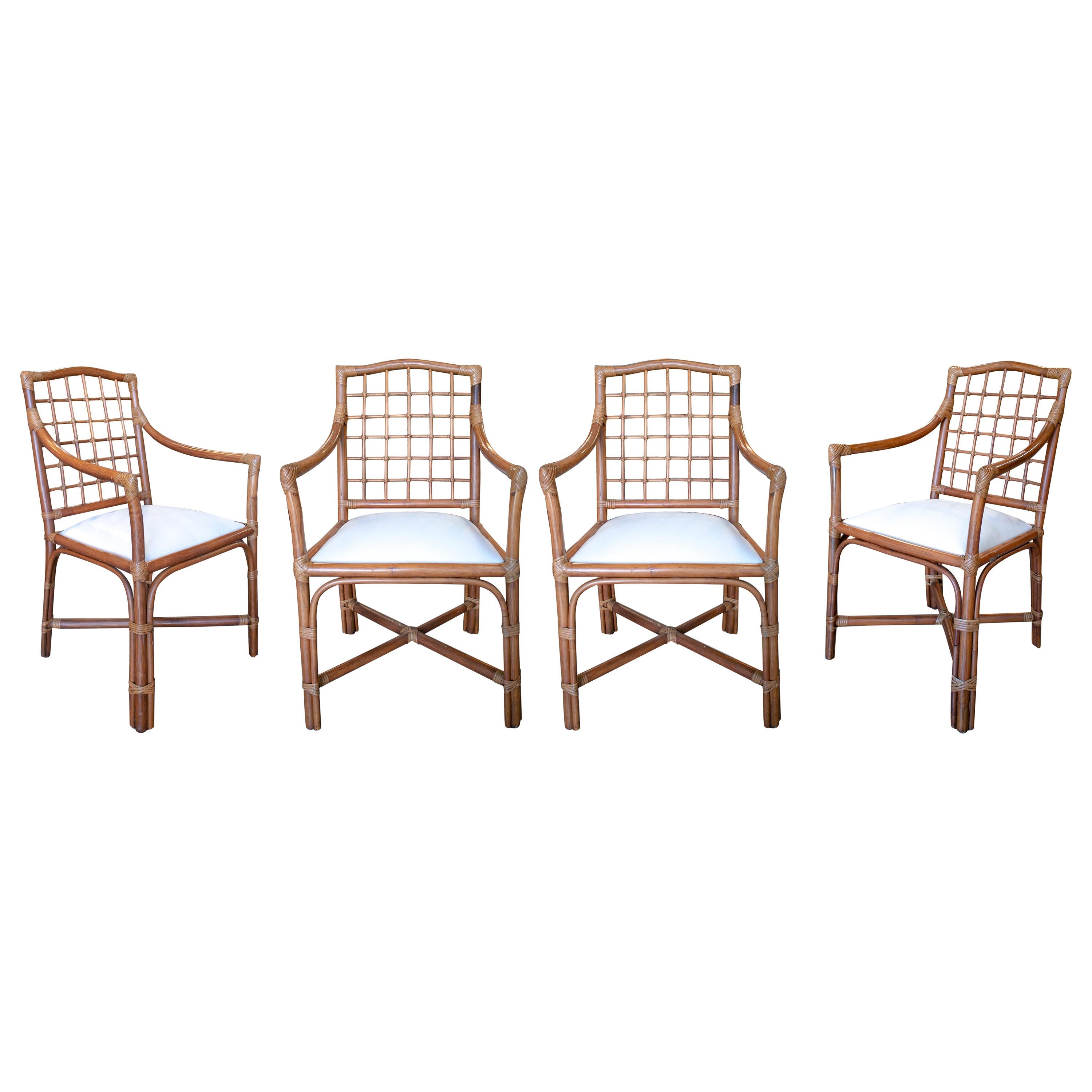 1980s Spanish Set of Four Bamboo Chairs with White Upholstered Seat Cushions