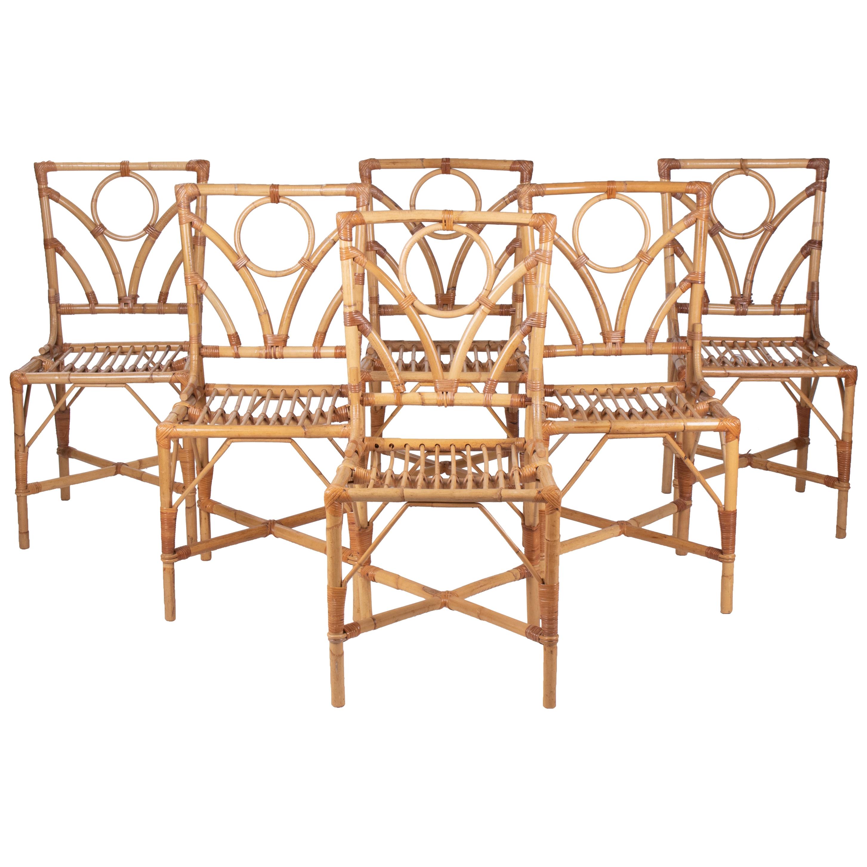 1980s Spanish Set of Six Bamboo and Wicker Chairs
