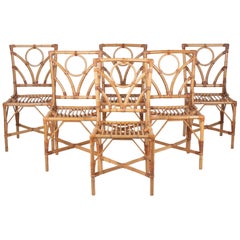 1980s Spanish Set of Six Bamboo and Wicker Chairs