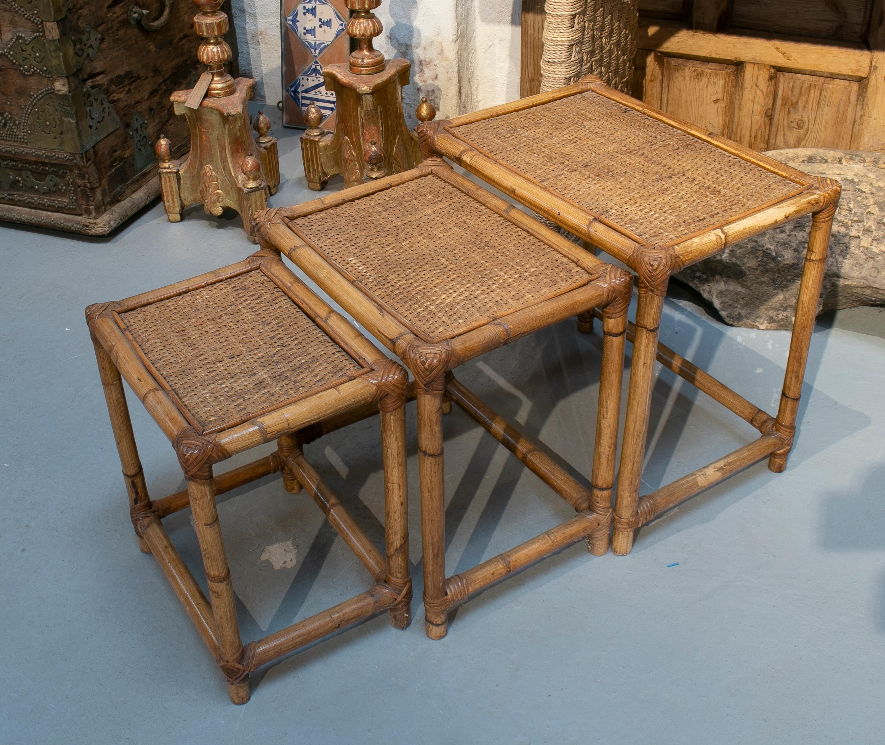 20th Century 1980s Spanish Set of Three Bamboo and Rattan Nesting Tables