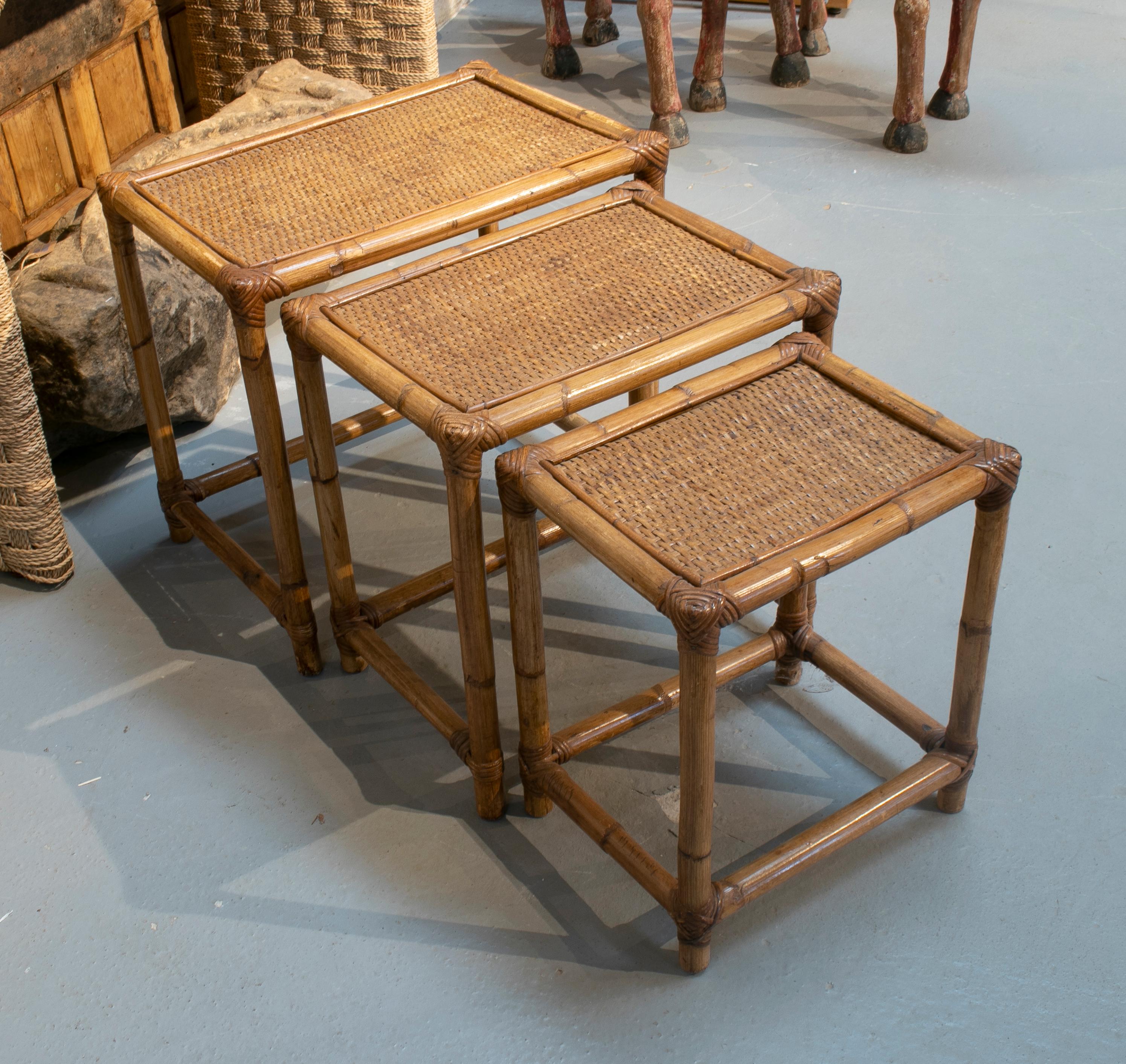 1980s Spanish Set of Three Bamboo and Rattan Nesting Tables 1