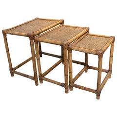 Vintage 1980s Spanish Set of Three Bamboo and Rattan Nesting Tables