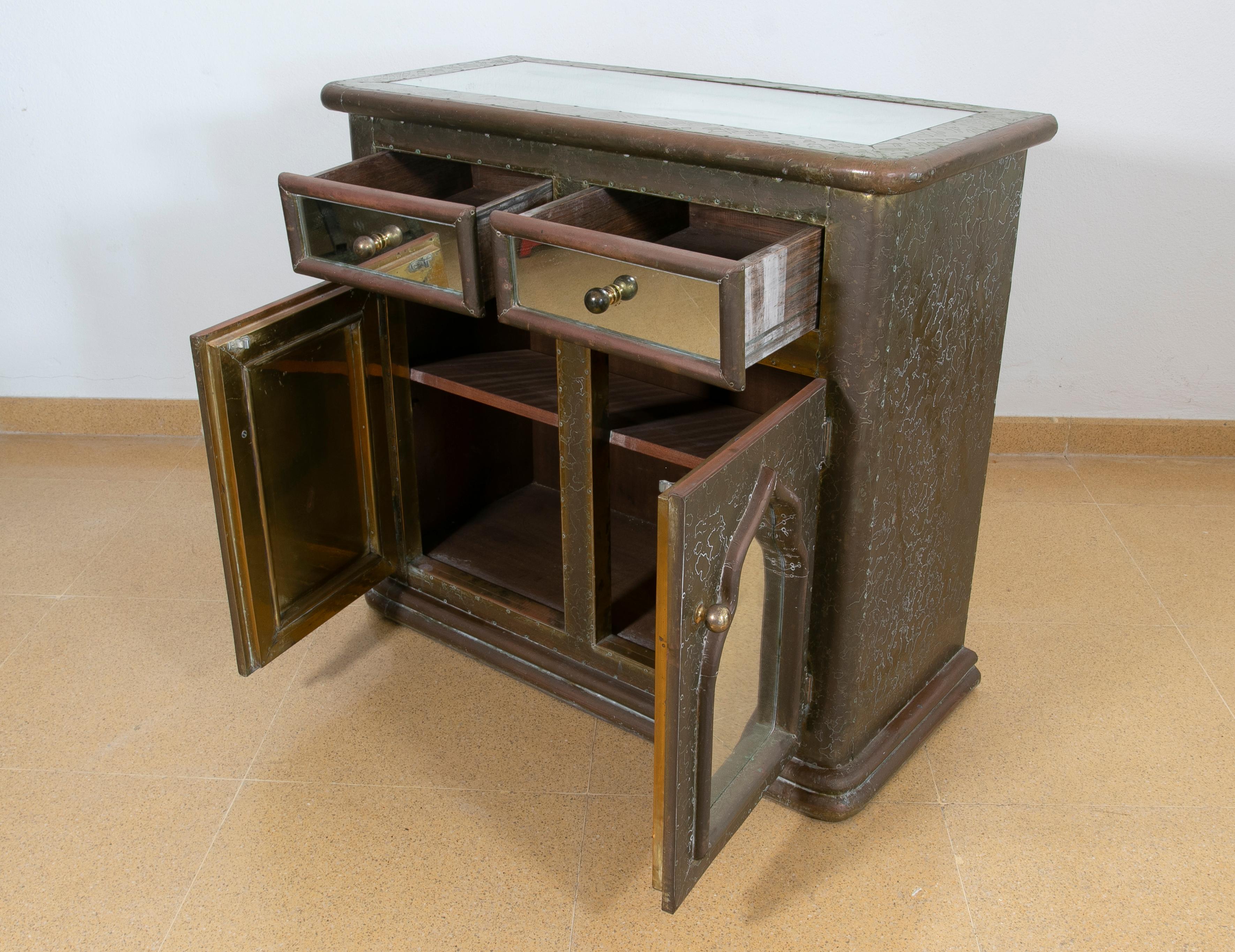 20th Century 1980s Spanish Signed Bronze and Mirrored Chest of Drawers and Doors For Sale