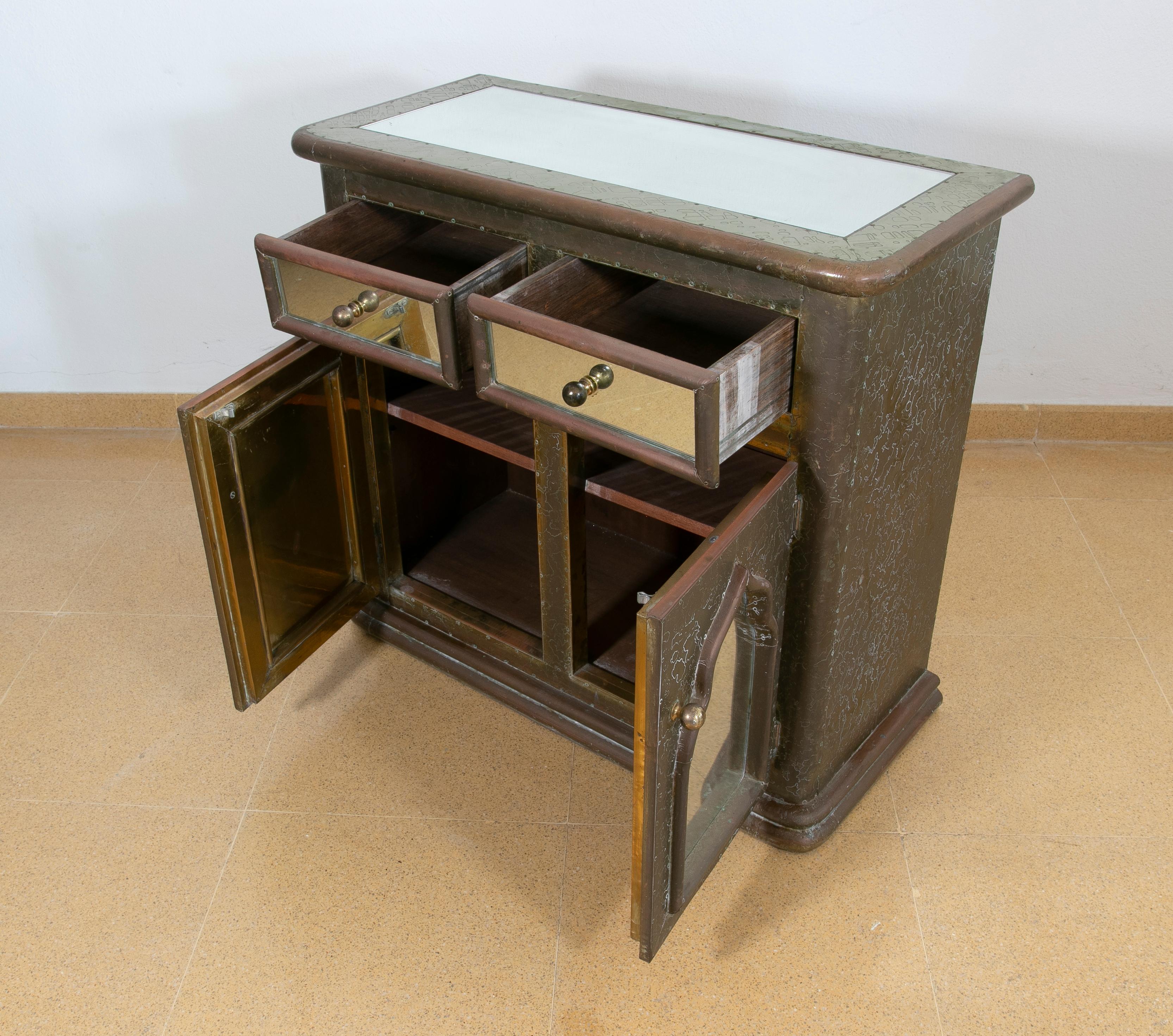 1980s Spanish Signed Bronze and Mirrored Chest of Drawers and Doors For Sale 1