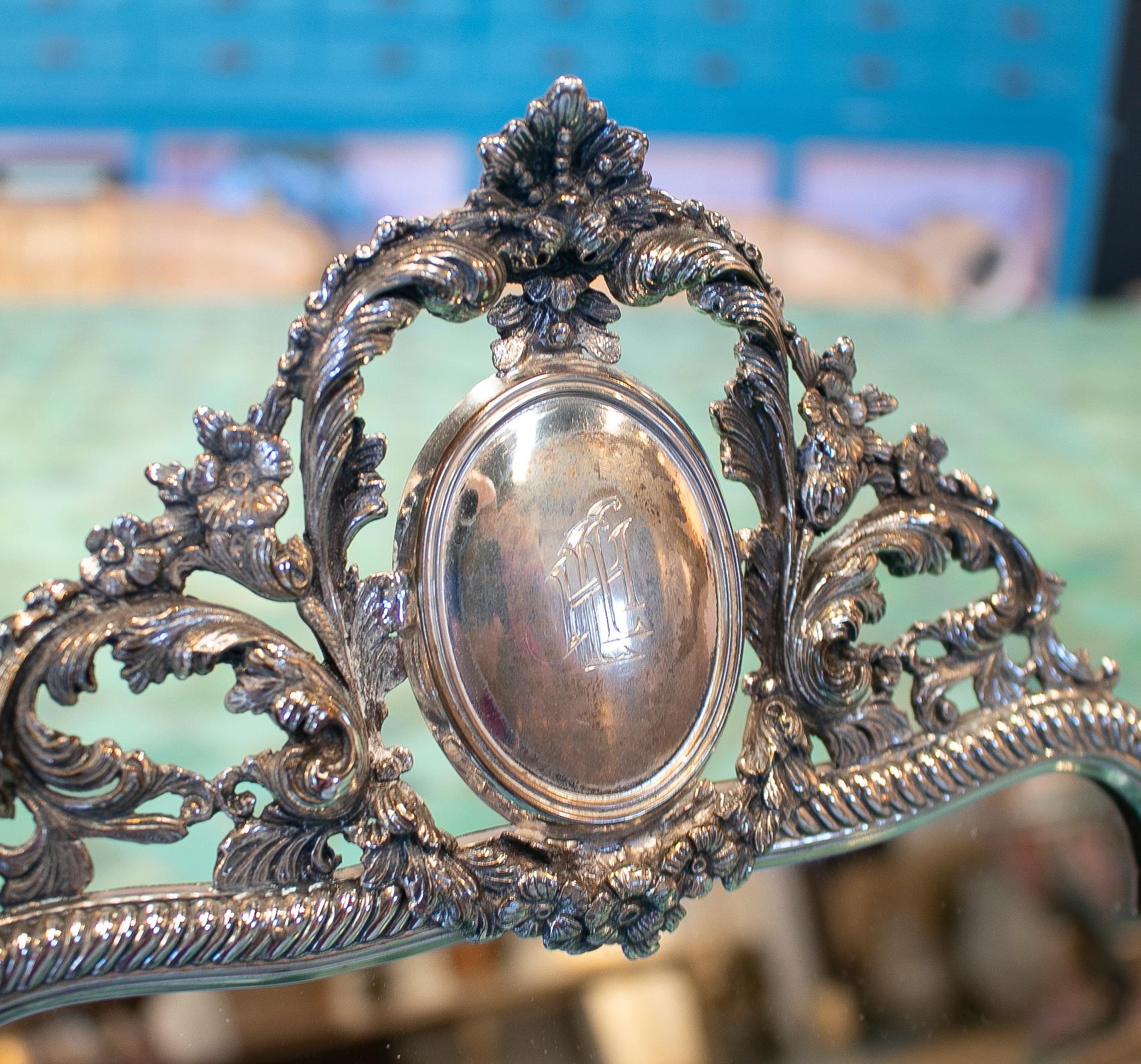1980s Spanish Silver Table Standing Mirror w/ Initials 3