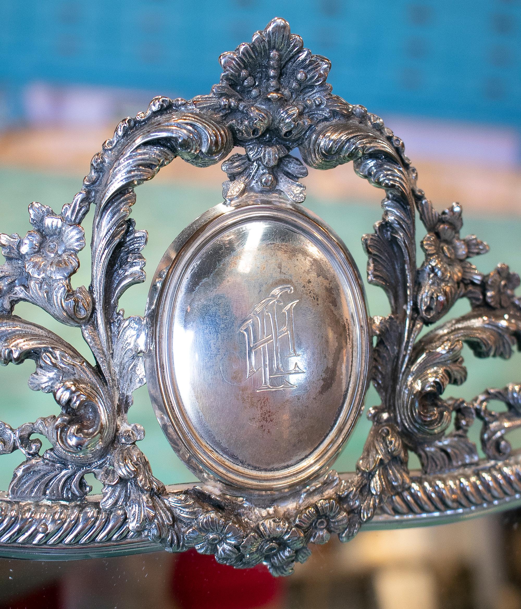 1980s Spanish Silver Table Standing Mirror w/ Initials 4