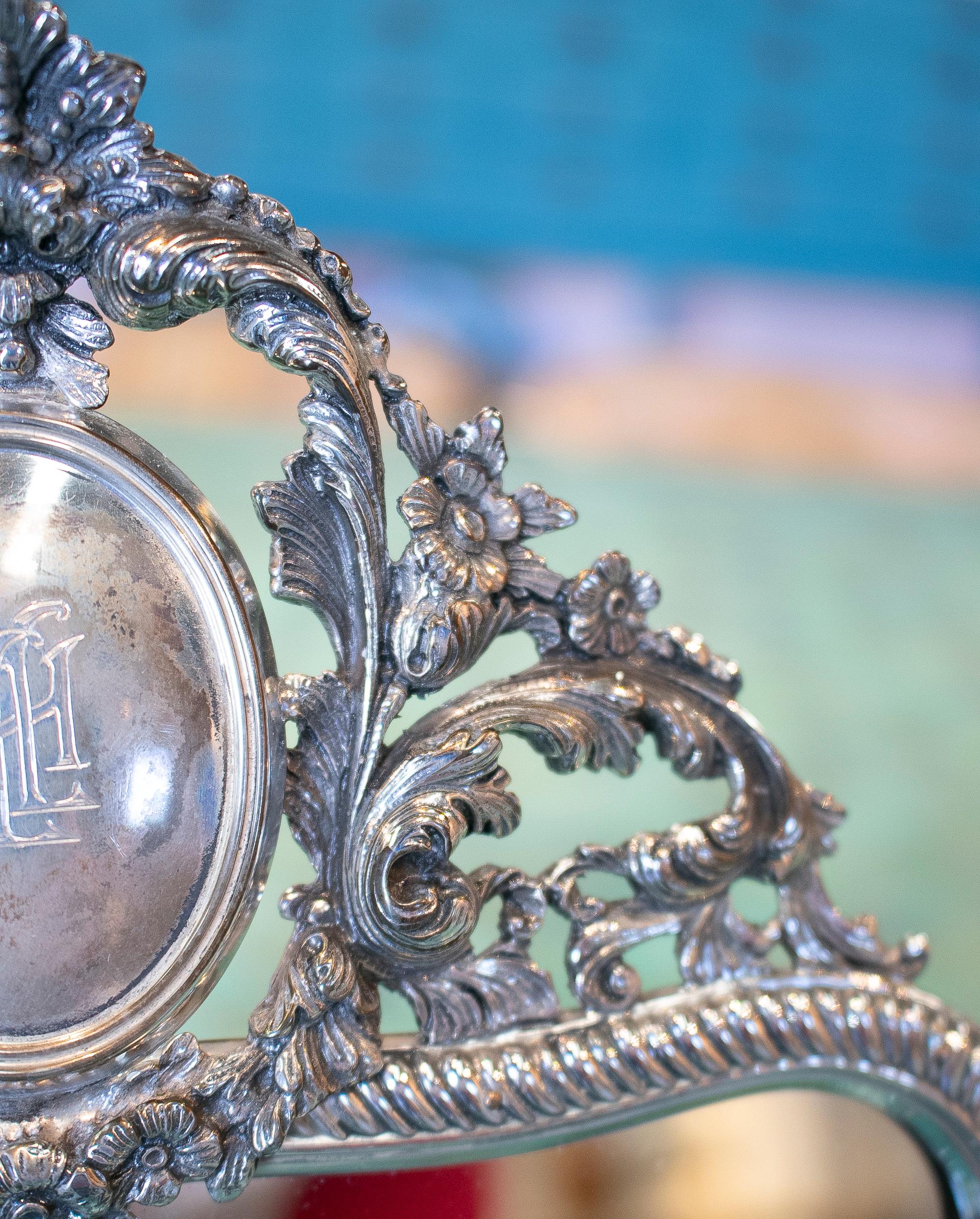 1980s Spanish Silver Table Standing Mirror w/ Initials 5