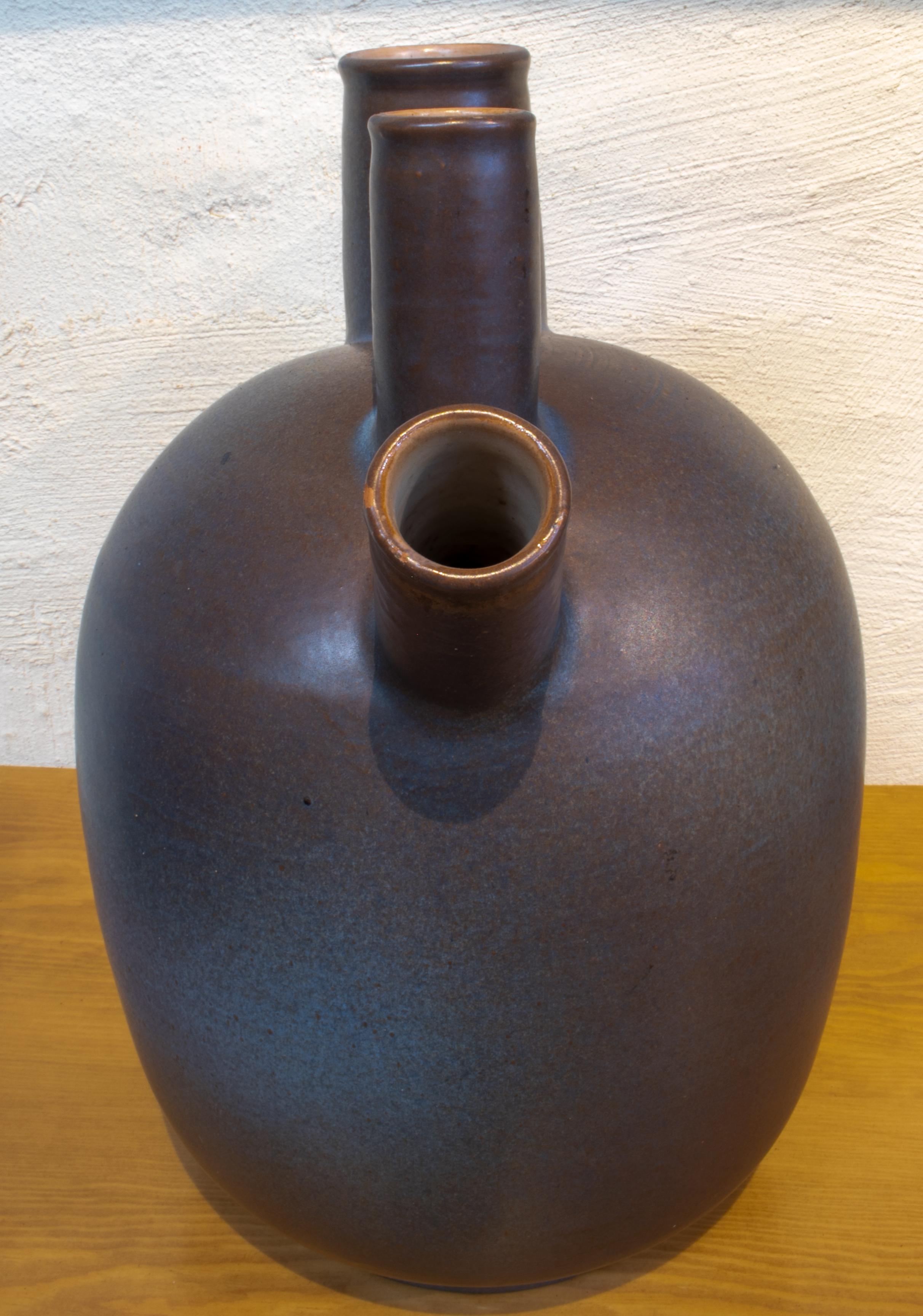 1980s Spanish three mouth dark ceramic vase signed and dated on its base 